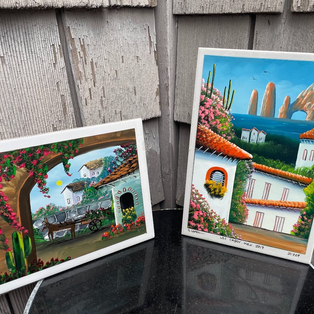 Mexican Tile Oil Paintings Lot of 2 Los Cabos Oceanside Vineyard